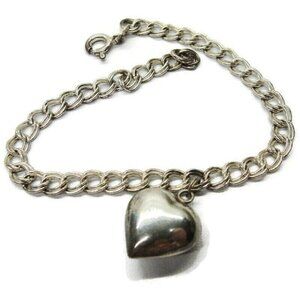 925 Sterling Silver Circle Link Bracelet Puffed Heart Italy SU